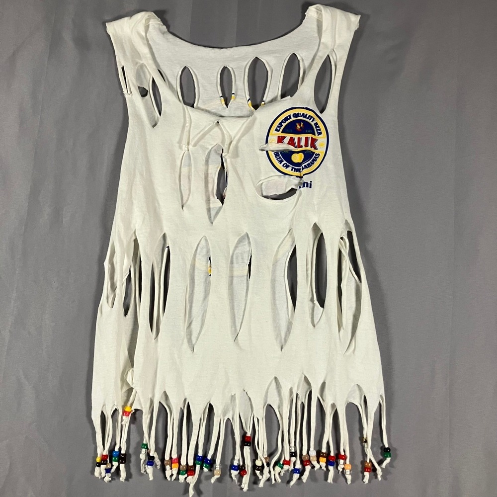 Kalik Beer Graphic Womens Size Extra Small Tank Top Cutout Fringe Beaded White